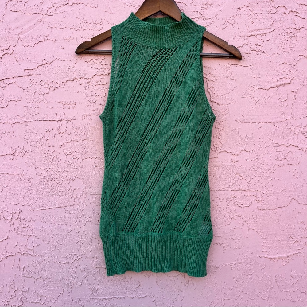 Costa Blanca Green High Neck Crocheted Knit Sweater Sheer Size Medium
